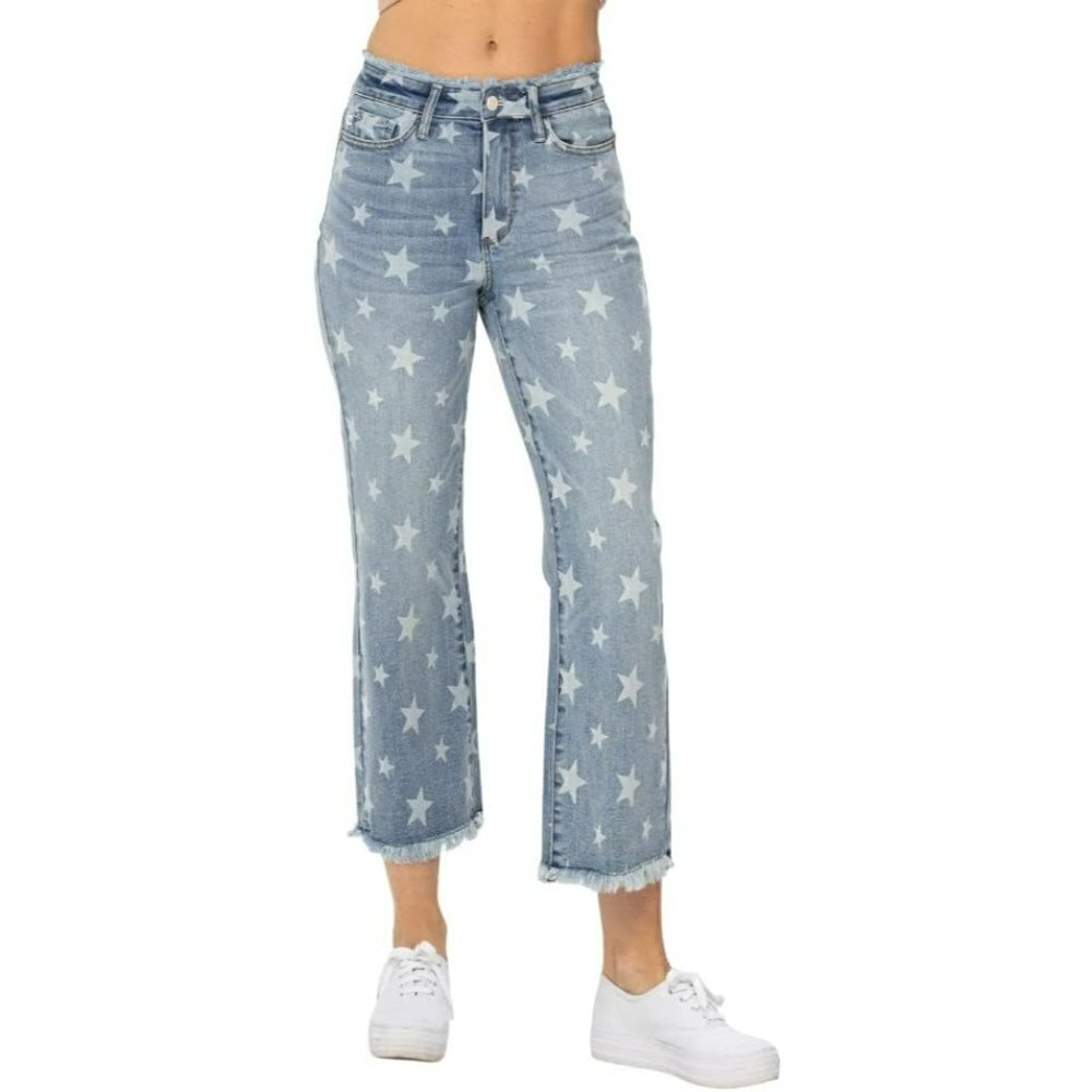 Judy Blue High Waist Star Print Cropped Straight Jeans 88573 size 11/30 - Picture 4 of 5